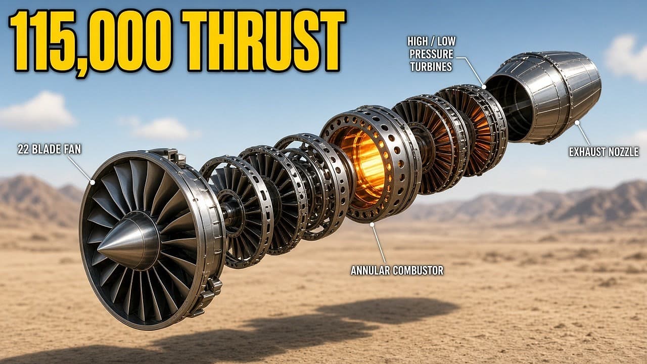 A jet engine split into its fan, compressor and turbine stages floating over a desert