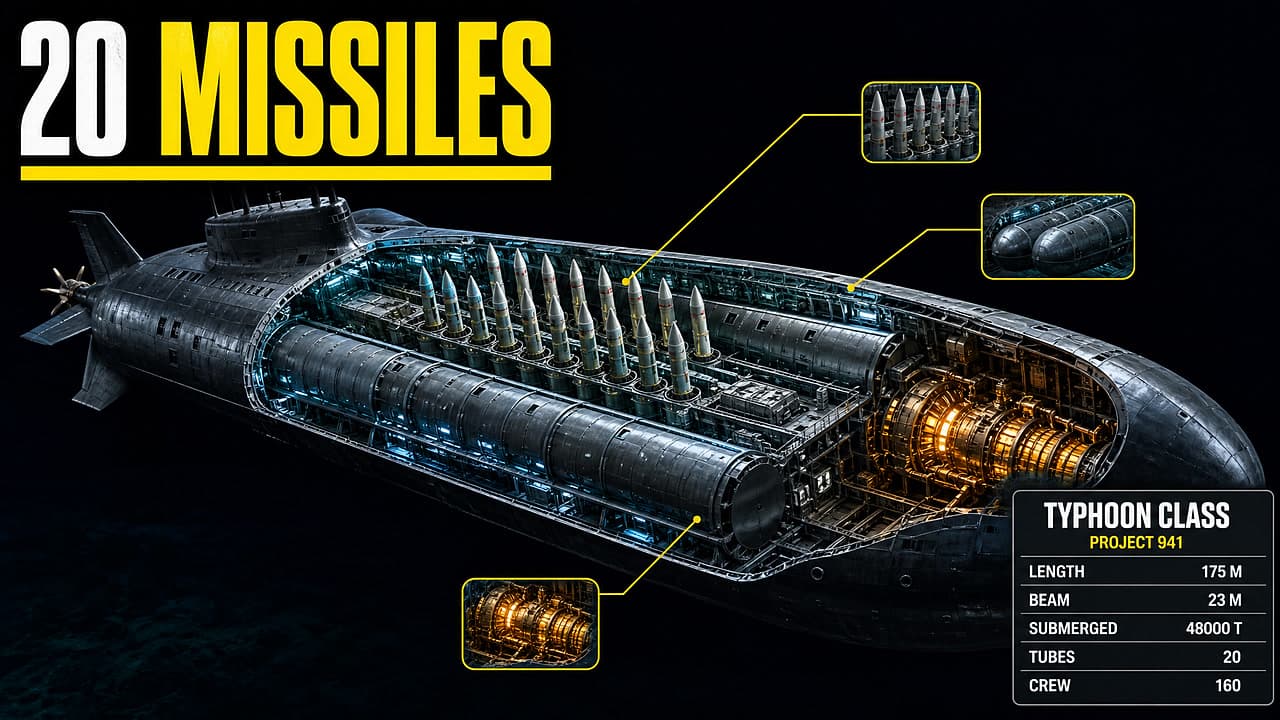 Cutaway of a Typhoon class submarine showing twenty missile tubes and the engine room
