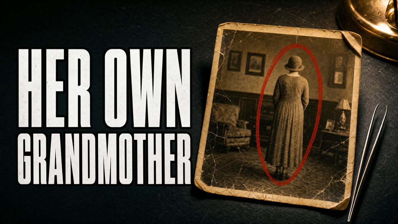 An old sepia photograph of a woman in a long dress, circled in red, held in weathered hands