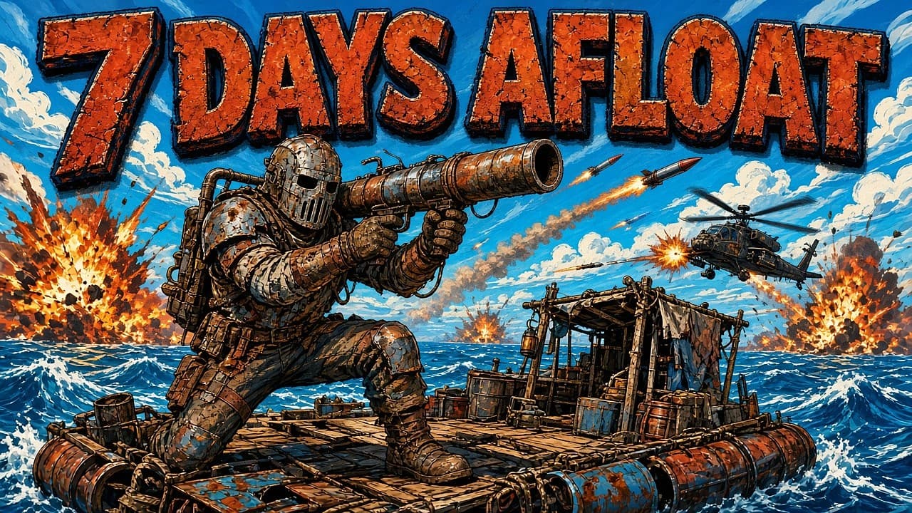 A painted survivor in scrap armor firing a rocket from a raft while a helicopter attacks