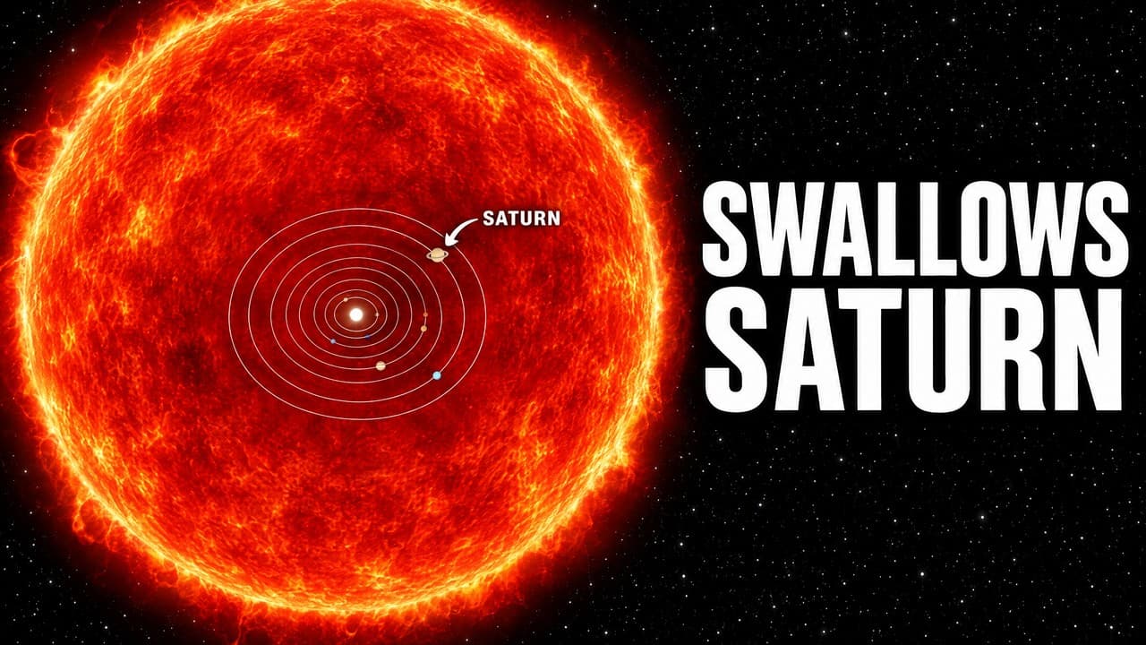 A giant star with the whole solar system drawn small inside its disk and an arrow on Saturn
