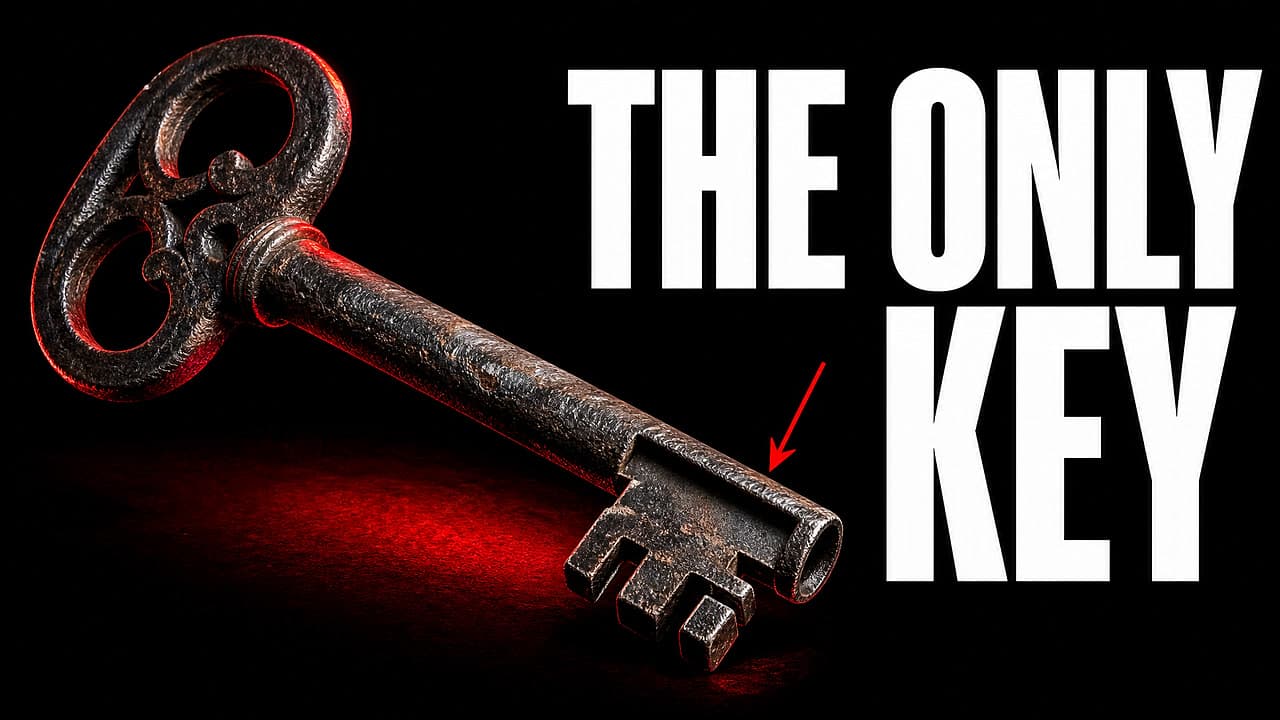 A worn iron key lit in red, with an arrow pointing at the bit
