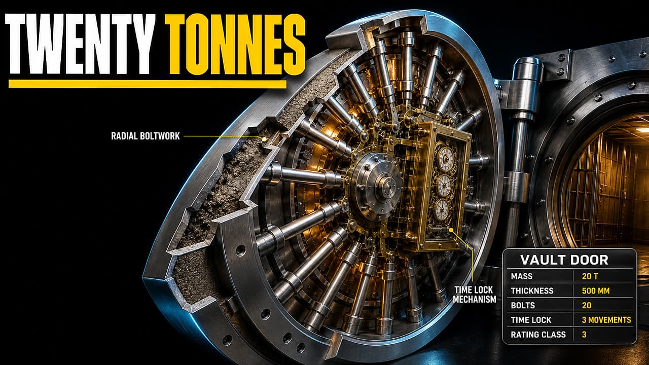 Cutaway of a bank vault door showing the radial boltwork and the time lock mechanism