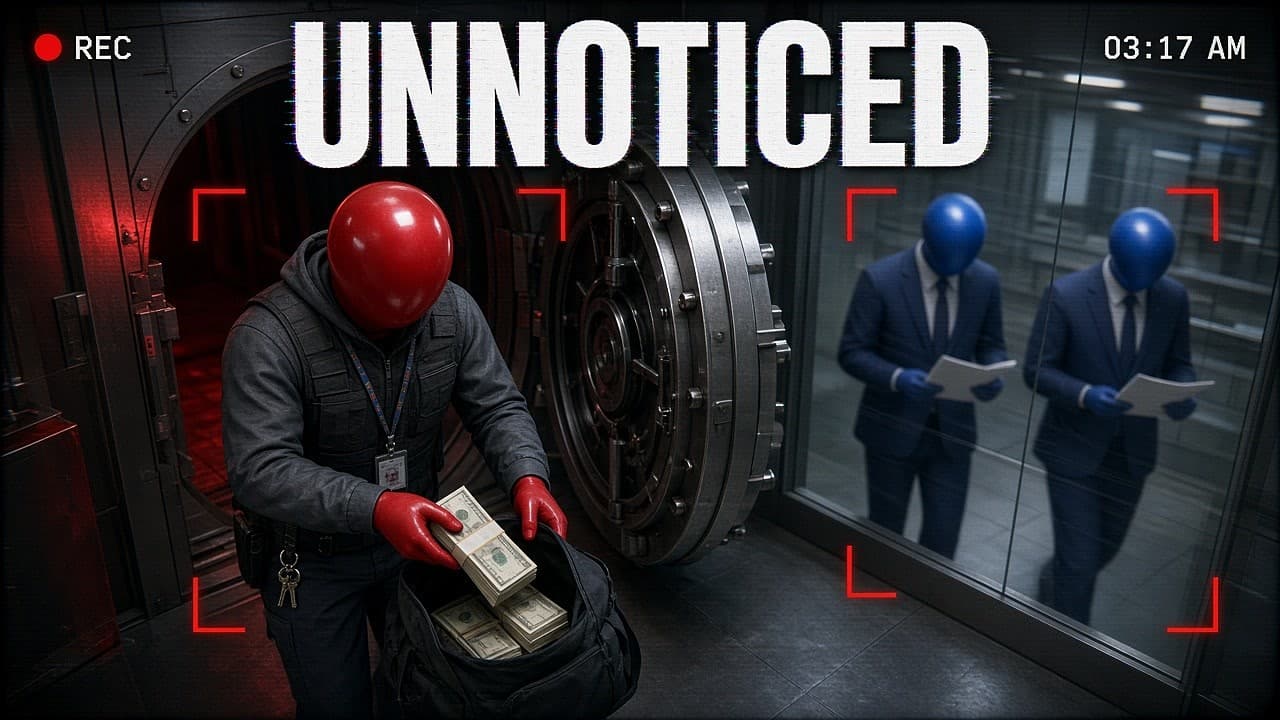 A red mannequin in a guard vest bagging cash from a vault while blue coworkers look away